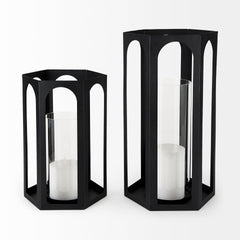 Balley Matte Black Metal Hexagonal Candle Holder Lanterns (Set of 2) - Ornate Home