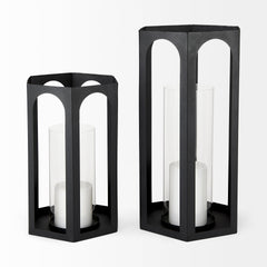 Balley Matte Black Metal Hexagonal Candle Holder Lanterns (Set of 2) - Ornate Home