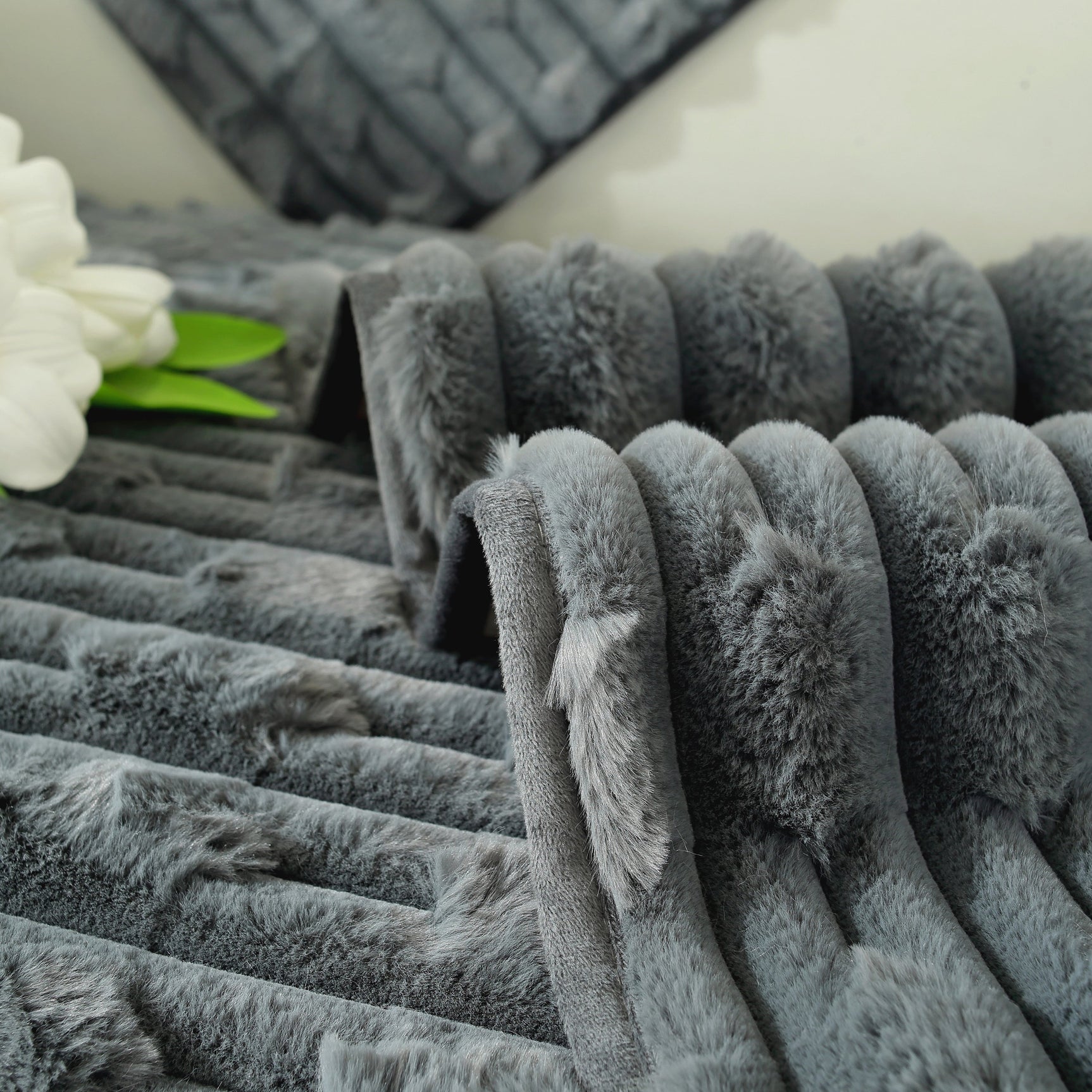 Bamboo-Style Sofa Towel, Faux Rabbit Fur Thickened Non-slip Seat Cushion Covers - Ornate Home