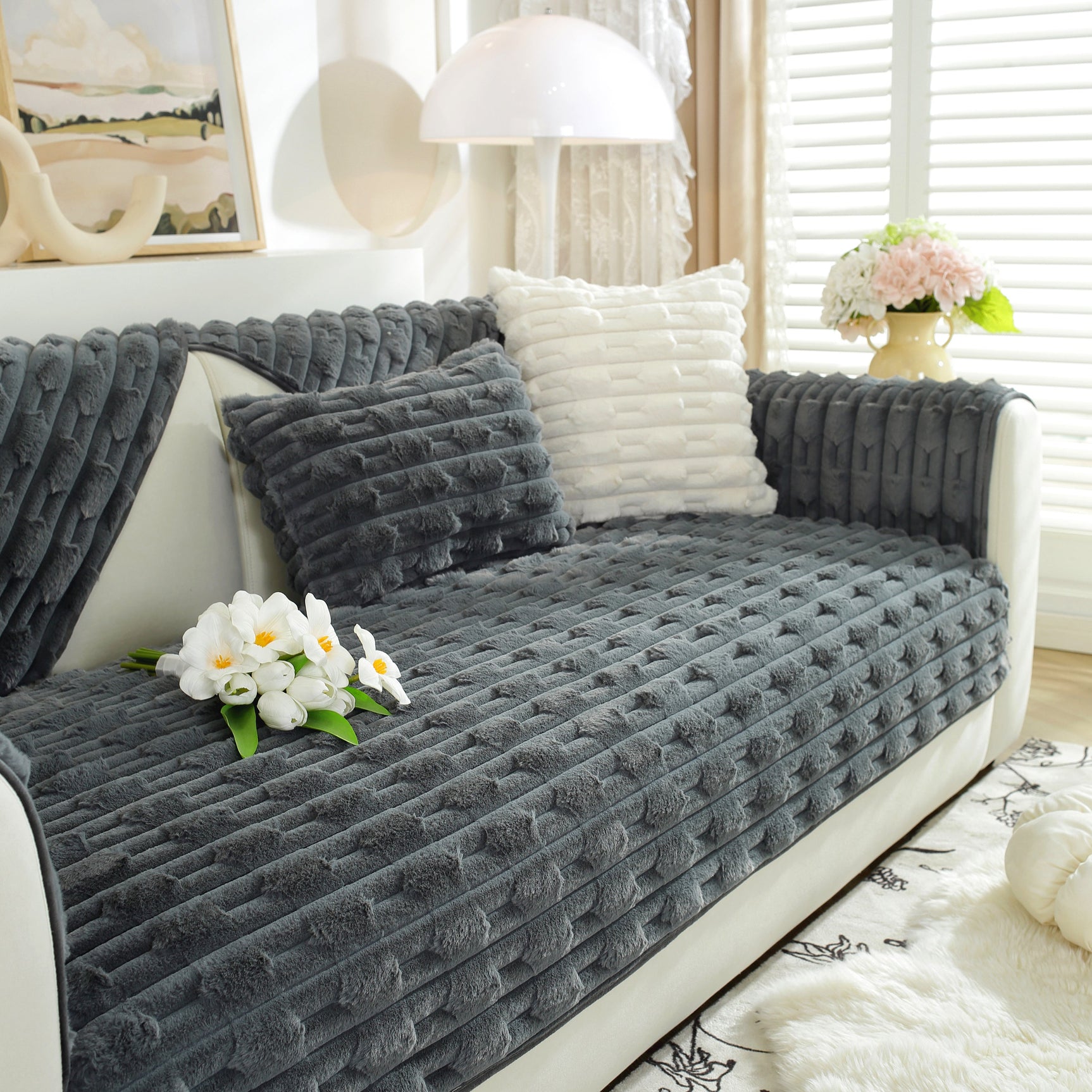 Bamboo-Style Sofa Towel, Faux Rabbit Fur Thickened Non-slip Seat Cushion Covers - Ornate Home