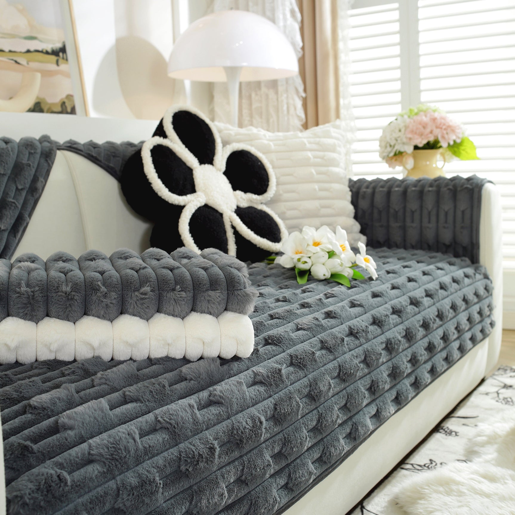 Bamboo-Style Sofa Towel, Faux Rabbit Fur Thickened Non-slip Seat Cushion Covers - Ornate Home