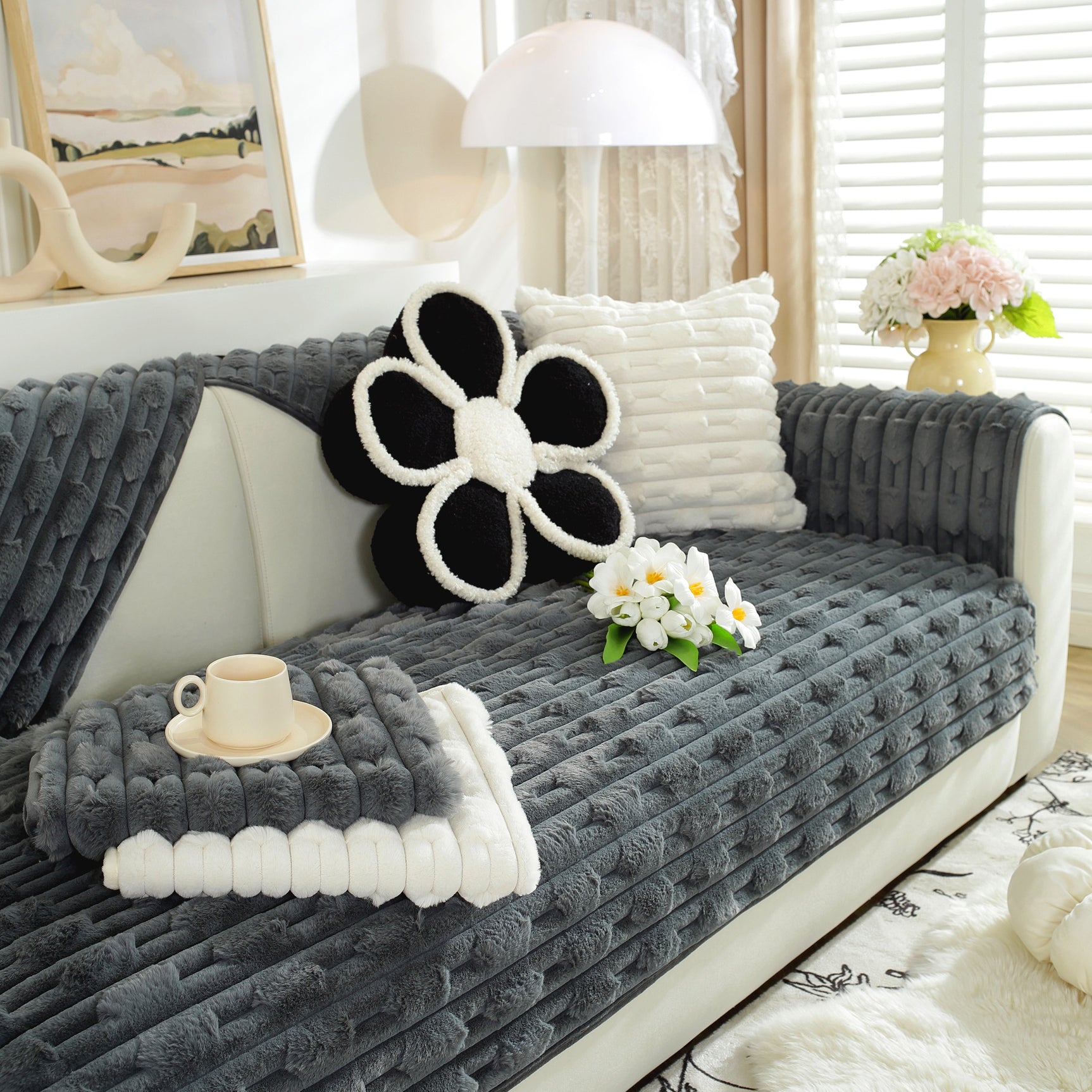 Bamboo-Style Sofa Towel, Faux Rabbit Fur Thickened Non-slip Seat Cushion Covers - Ornate Home