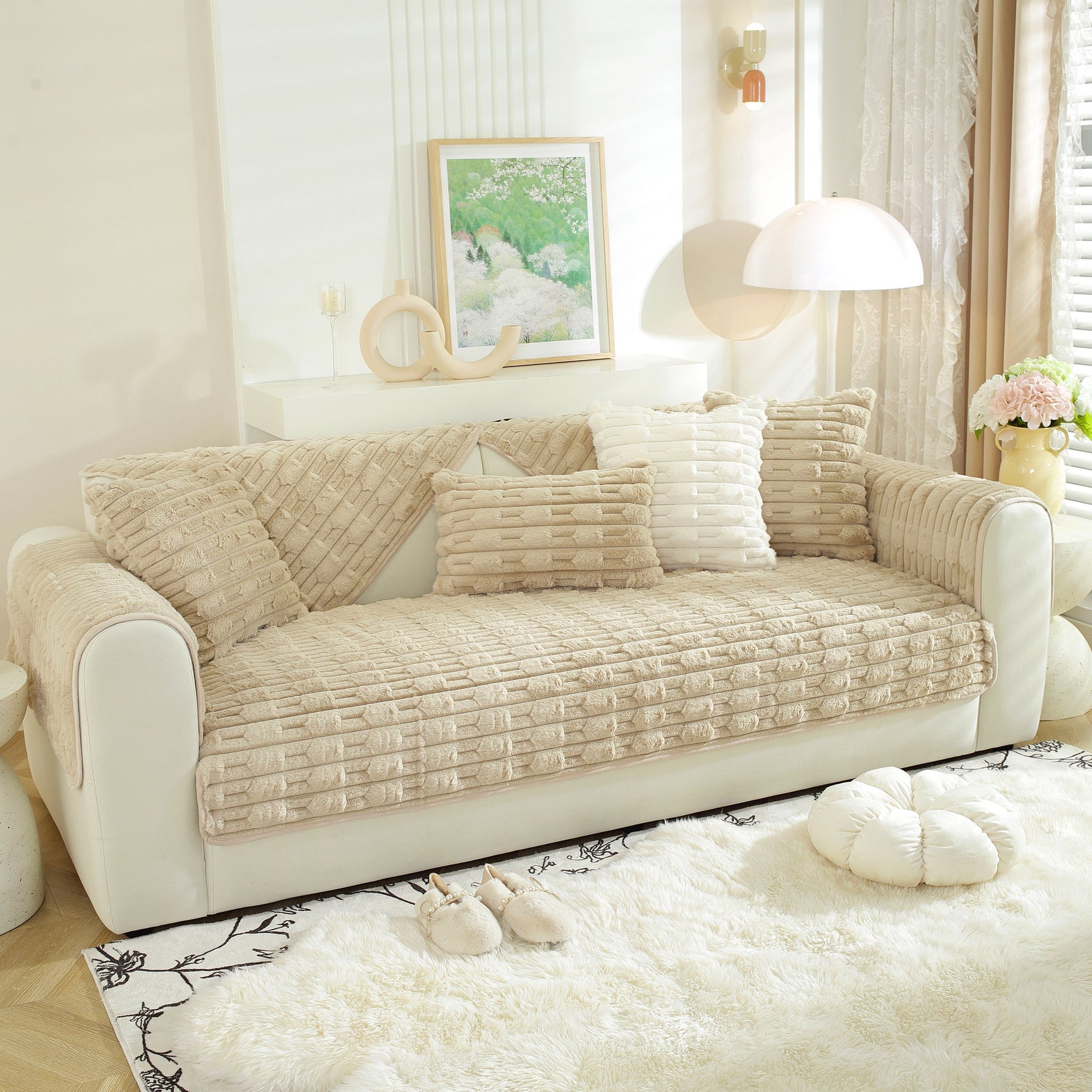 Bamboo-Style Sofa Towel, Faux Rabbit Fur Thickened Non-slip Seat Cushion Covers - Ornate Home