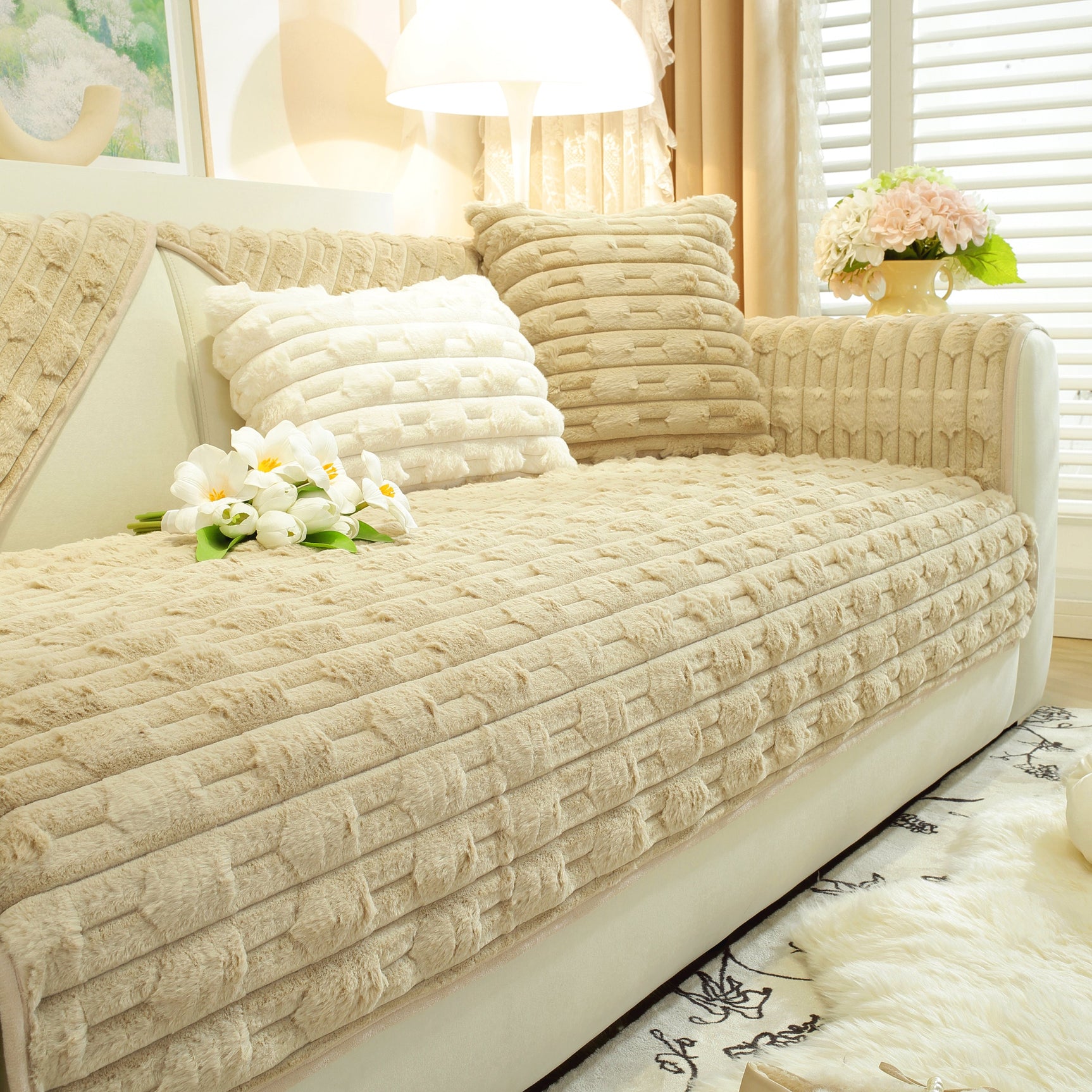 Bamboo-Style Sofa Towel, Faux Rabbit Fur Thickened Non-slip Seat Cushion Covers - Ornate Home