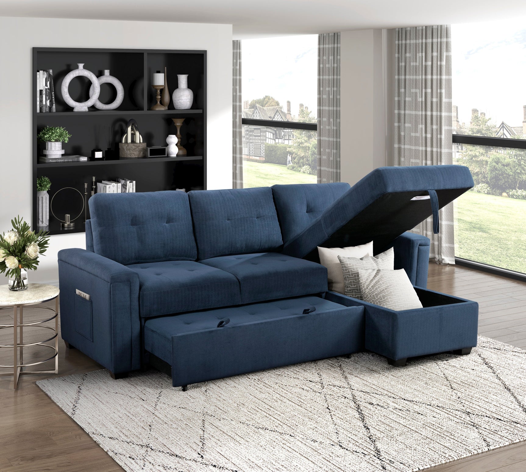Barbara Blue Reversible Sectional with Pull-Out Bed - Ornate Home