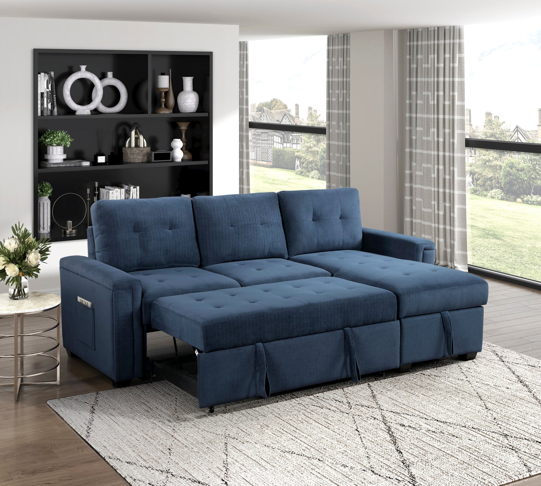 Barbara Blue Reversible Sectional with Pull-Out Bed - Ornate Home