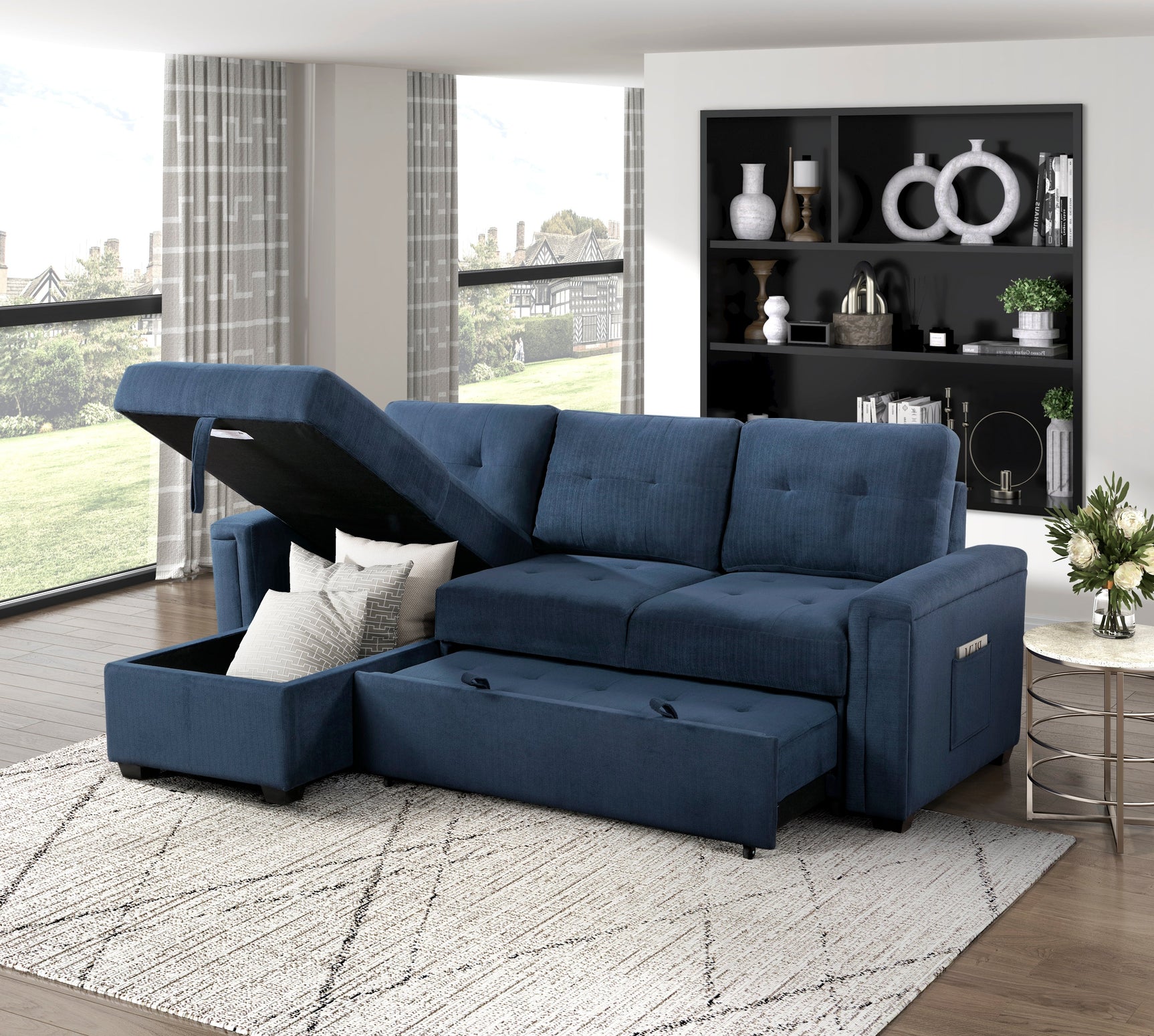Barbara Blue Reversible Sectional with Pull-Out Bed - Ornate Home