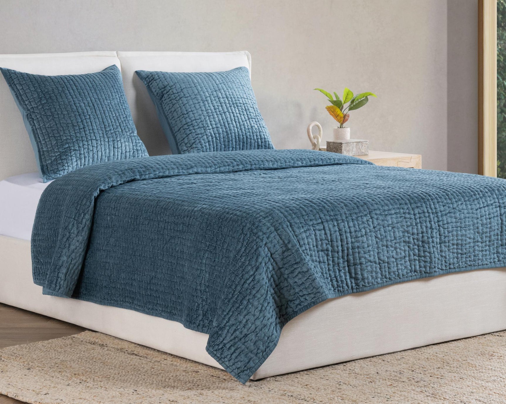 Bari Stone Blue Velvet Quilt Collection - Ornate Home