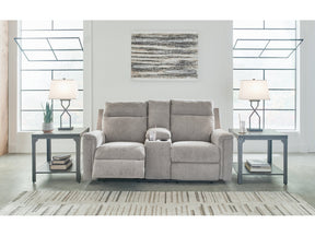 Barnsana Ash Micro Chenille Power Reclining Loveseat w/ Console (Online Special Price) - Ornate Home