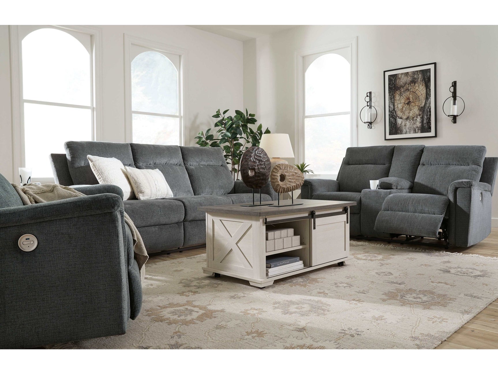 Barnsana Gravel Micro Chenille Power Reclining Living Room Set / 3pc - Ornate Home