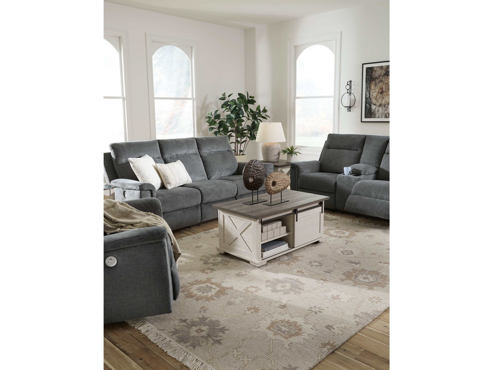 Barnsana Gravel Micro Chenille Power Reclining Living Room Set / 3pc - Ornate Home