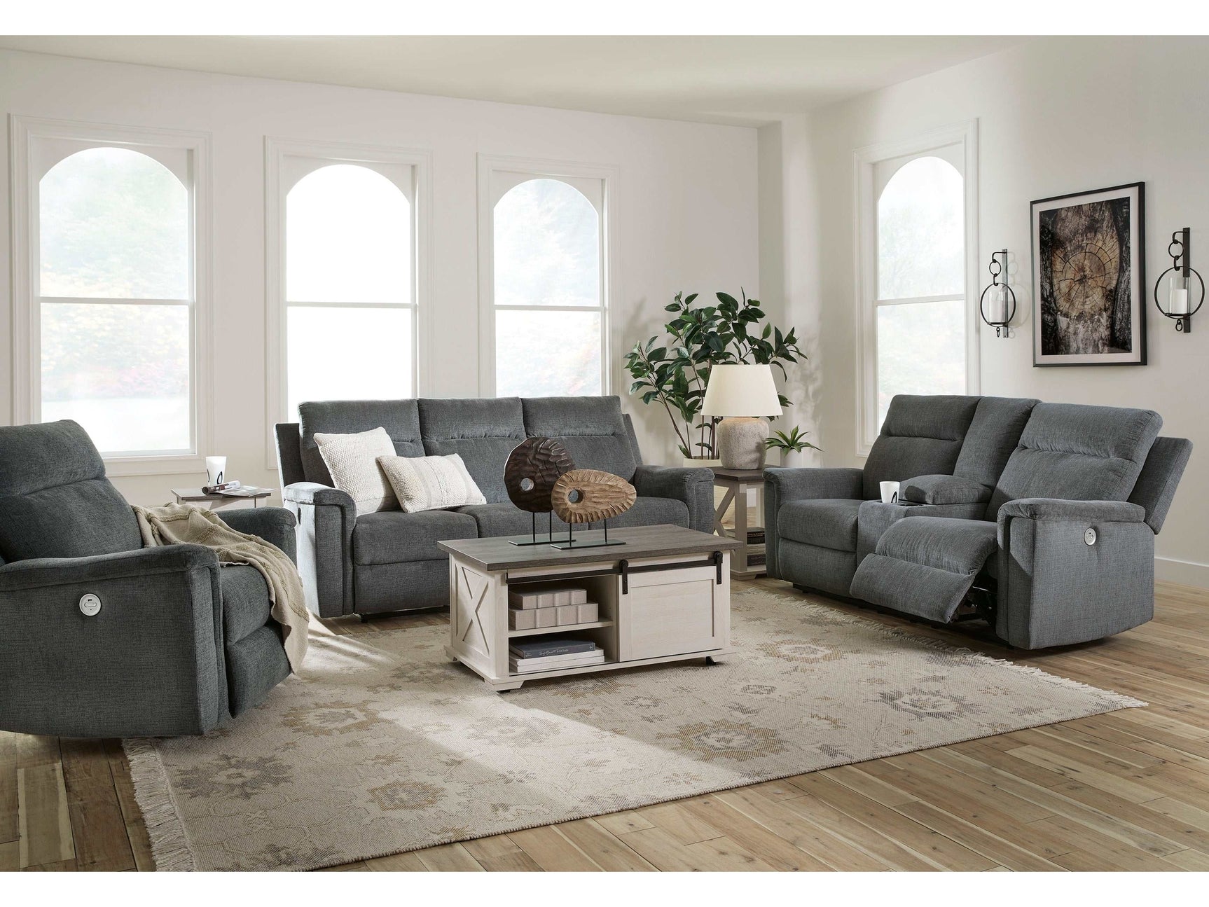 Barnsana Gravel Micro Chenille Power Reclining Living Room Set / 3pc - Ornate Home