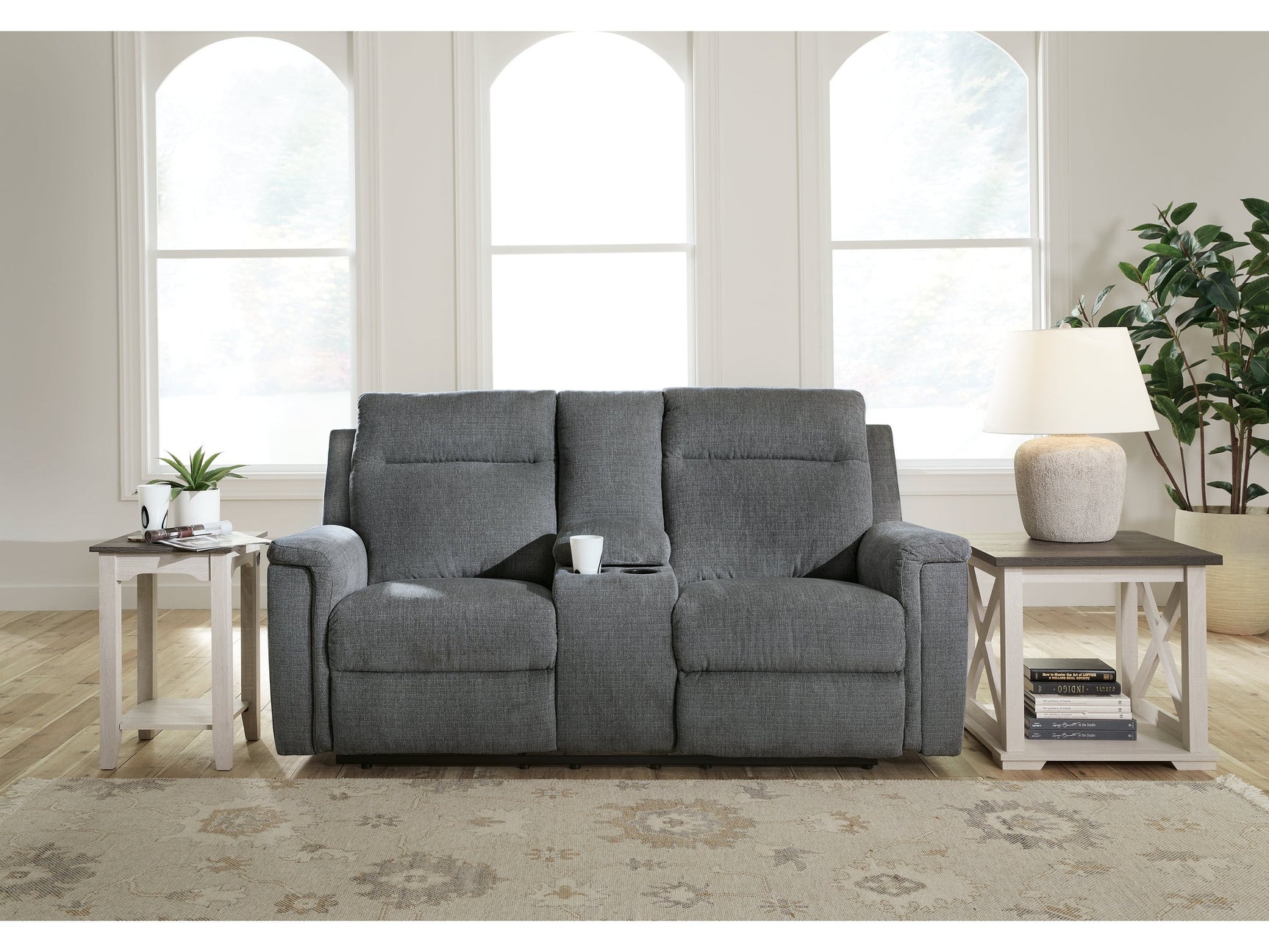 Barnsana Gravel Micro Chenille Power Reclining Loveseat w/ Console (Online Special Price) - Ornate Home
