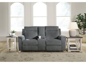 Barnsana Gravel Micro Chenille Power Reclining Loveseat w/ Console (Online Special Price) - Ornate Home