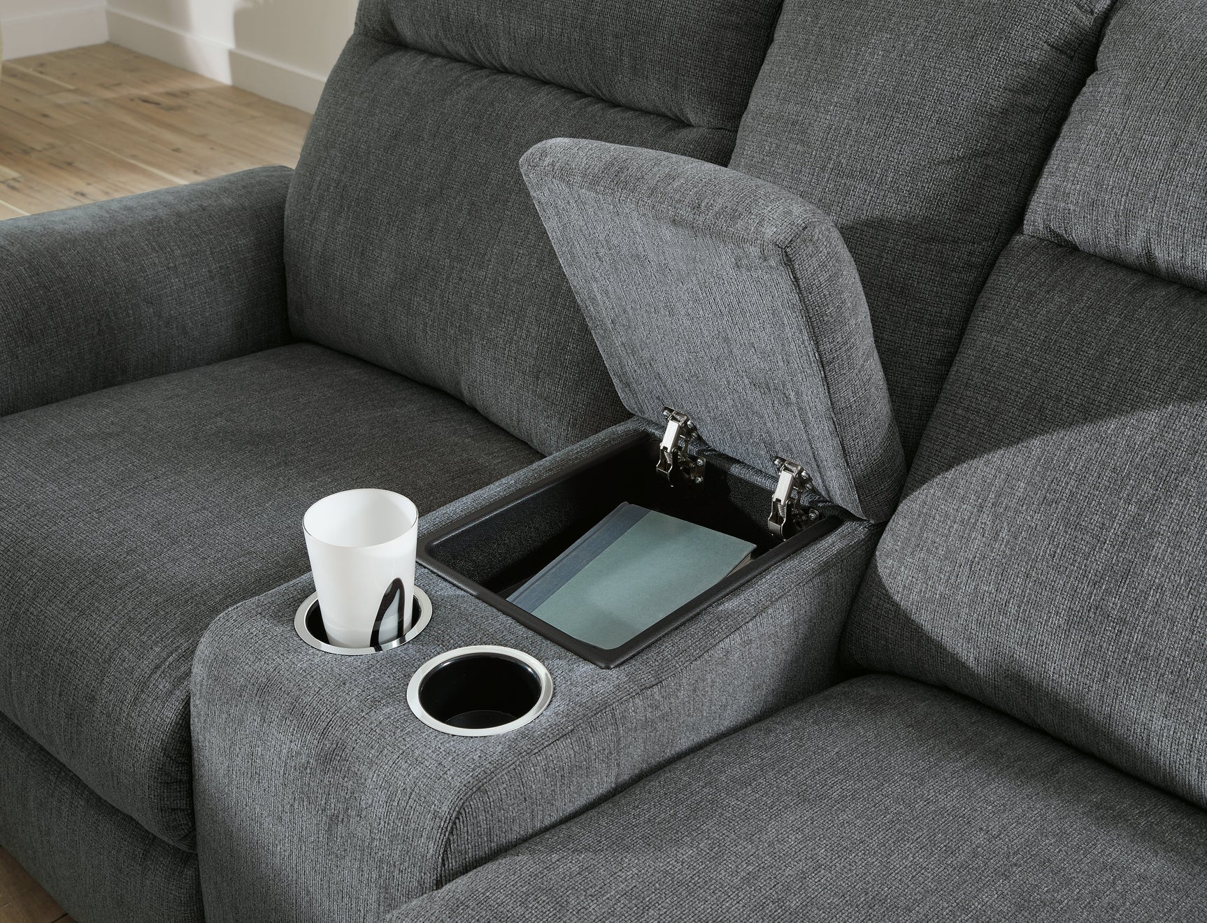 Barnsana Gravel Micro Chenille Power Reclining Loveseat w/ Console (Online Special Price) - Ornate Home