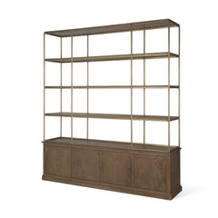 Baron Dark Brown/Antiqued Brass 4-Door Wood Metal Open Shelving Unit - Ornate Home