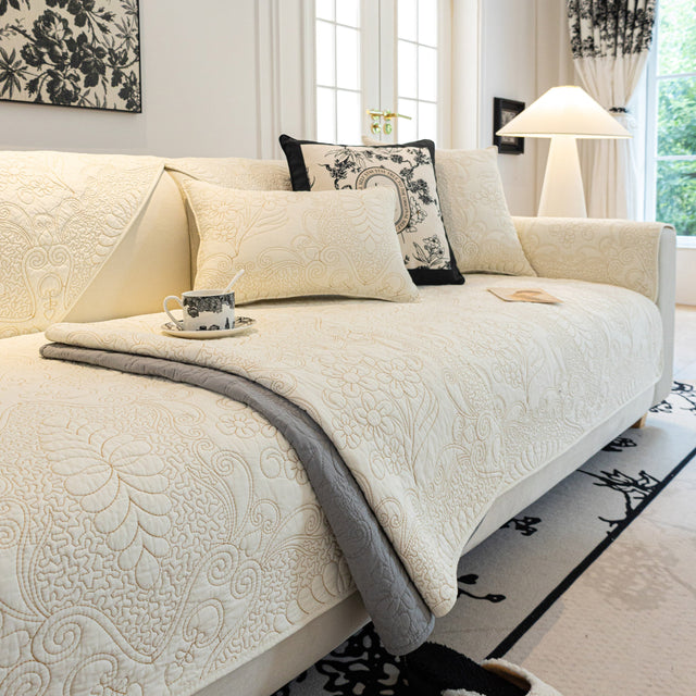 Baroque Floral Quilted Cotton Sofa Cover, Non-Slip Washable Couch Protector - Ornate Home