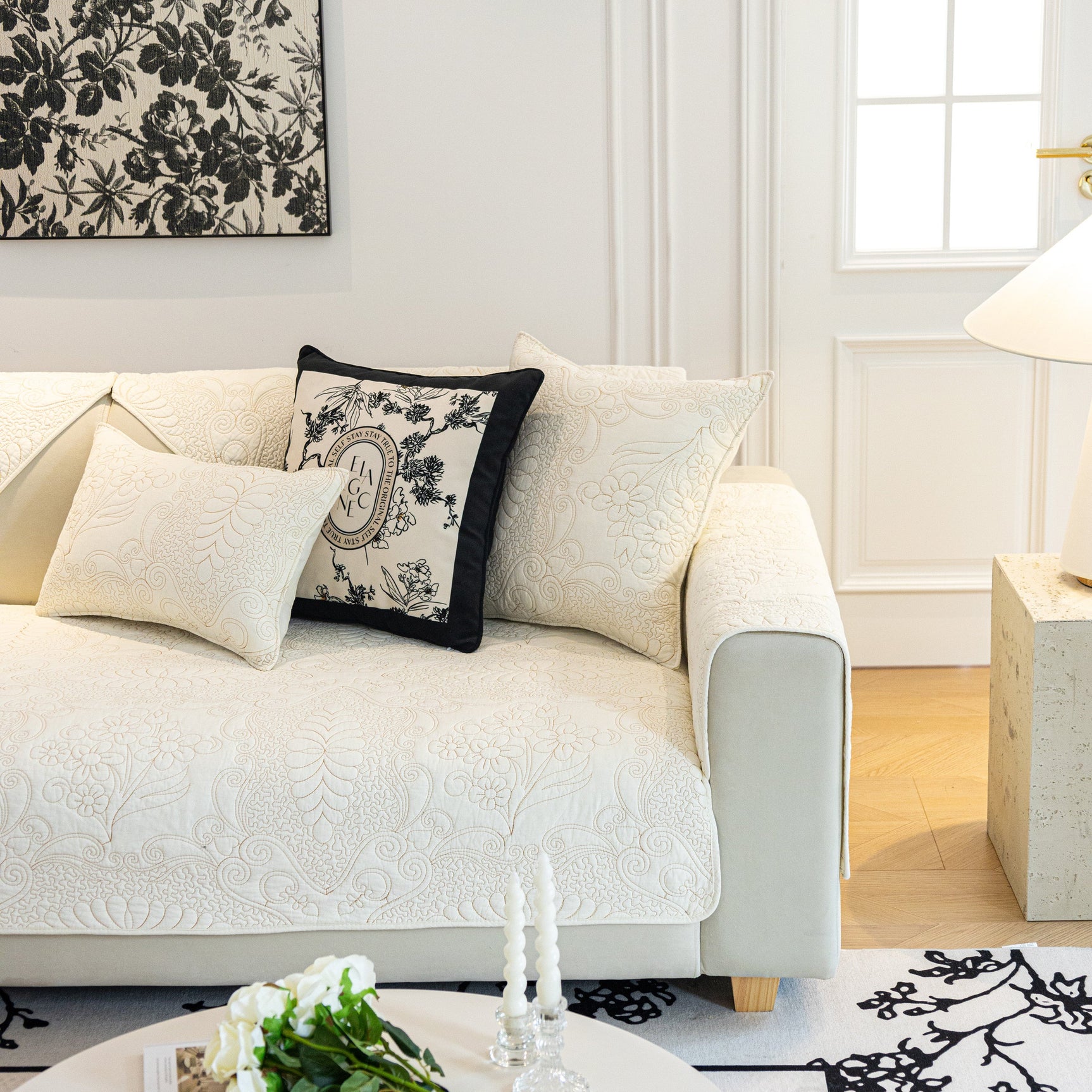 Baroque Floral Quilted Cotton Sofa Cover, Non-Slip Washable Couch Protector - Ornate Home