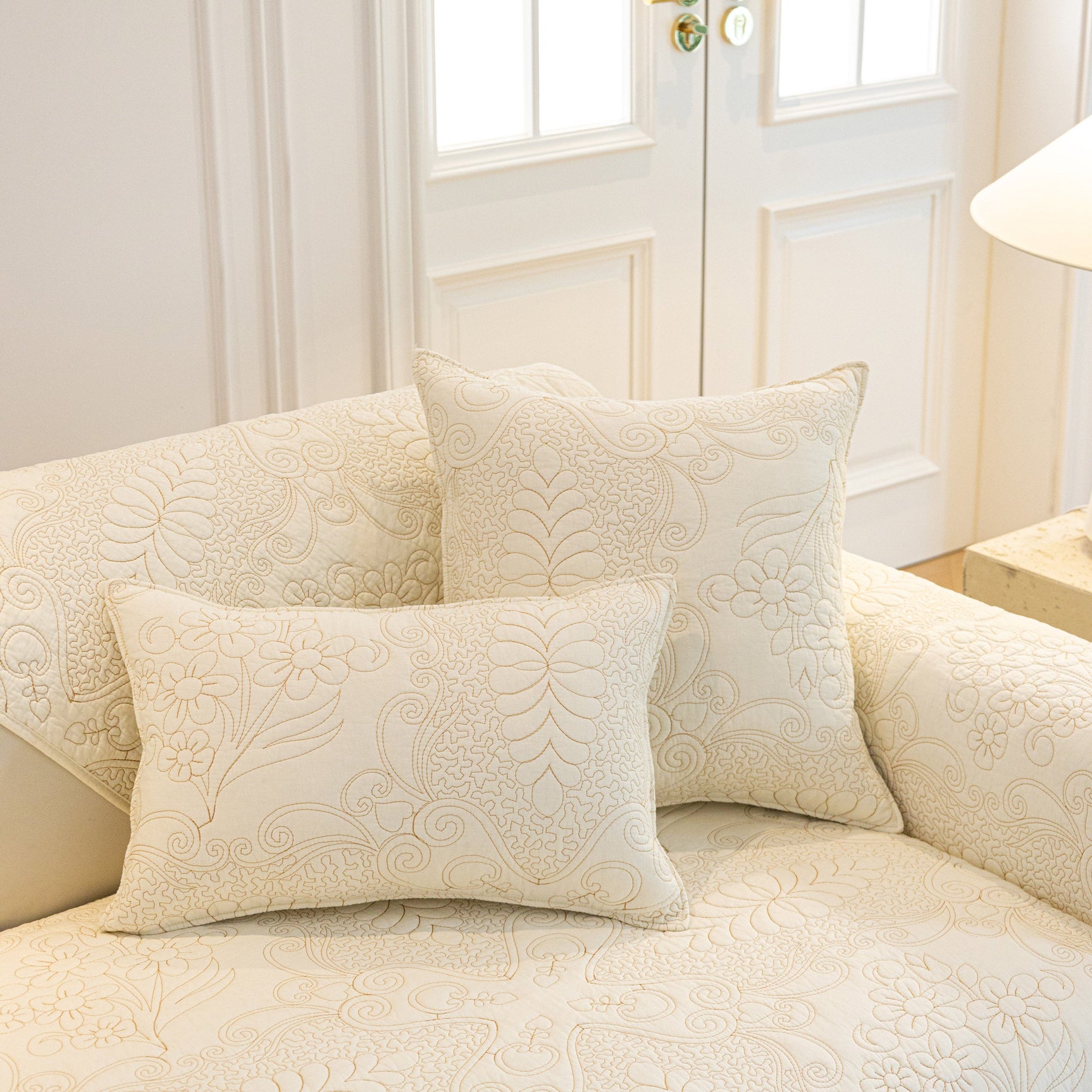 Baroque Floral Quilted Cotton Sofa Cover, Non-Slip Washable Couch Protector - Ornate Home
