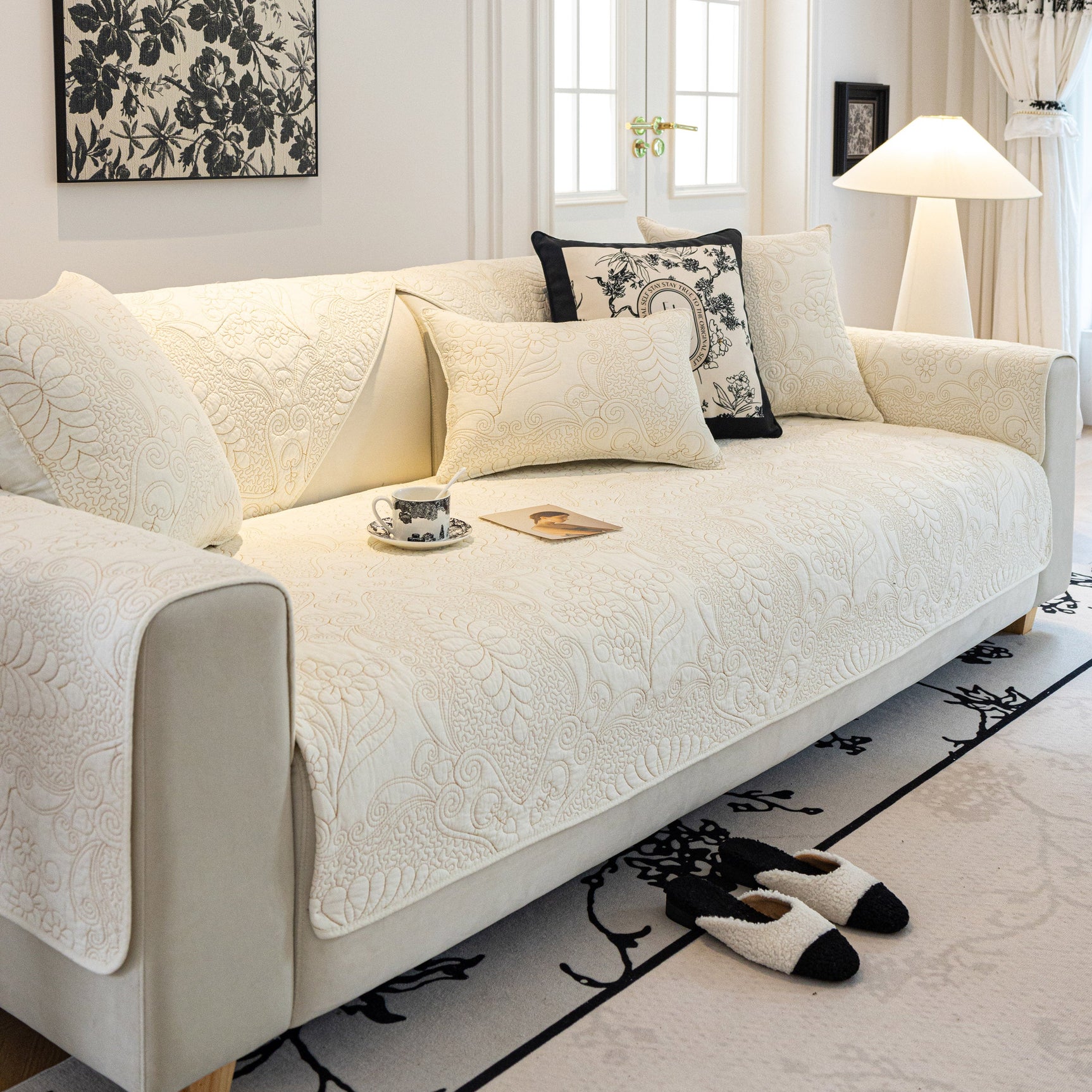 Baroque Floral Quilted Cotton Sofa Cover, Non-Slip Washable Couch Protector - Ornate Home