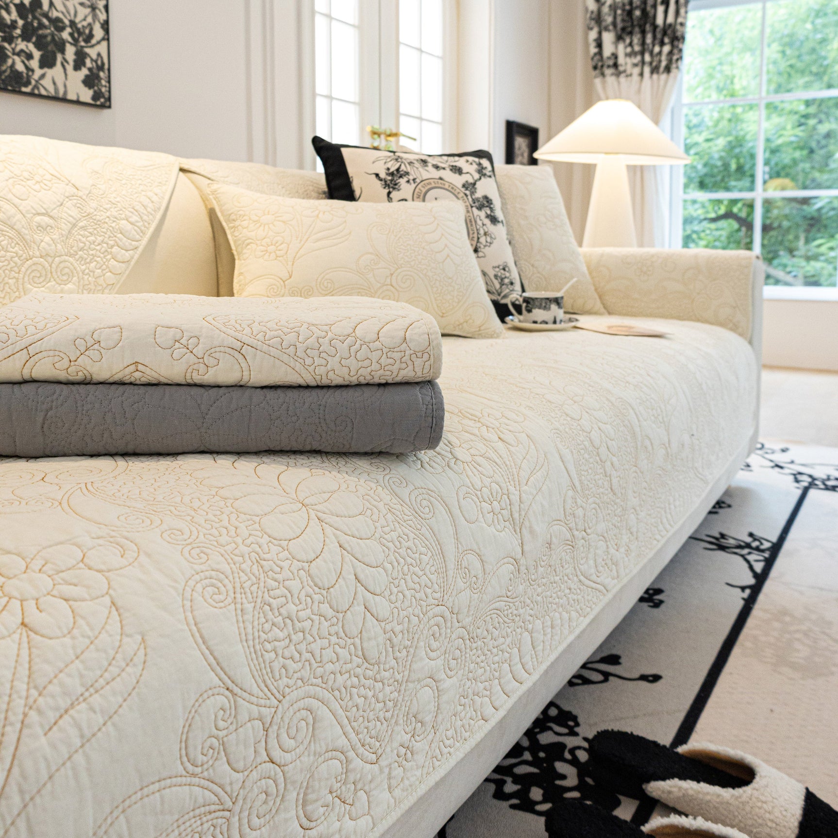 Baroque Floral Quilted Cotton Sofa Cover, Non-Slip Washable Couch Protector - Ornate Home