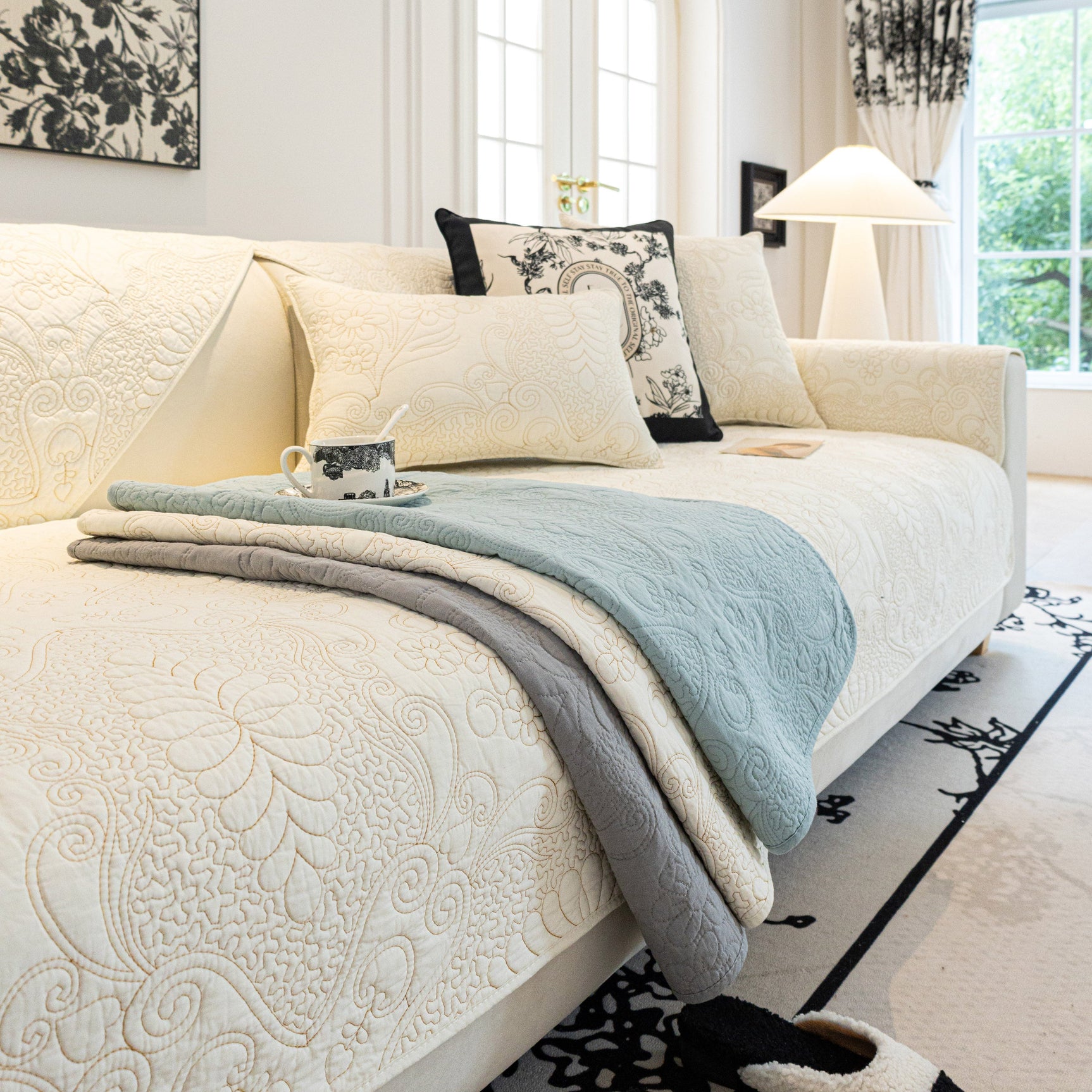 Baroque Floral Quilted Cotton Sofa Cover, Non-Slip Washable Couch Protector - Ornate Home