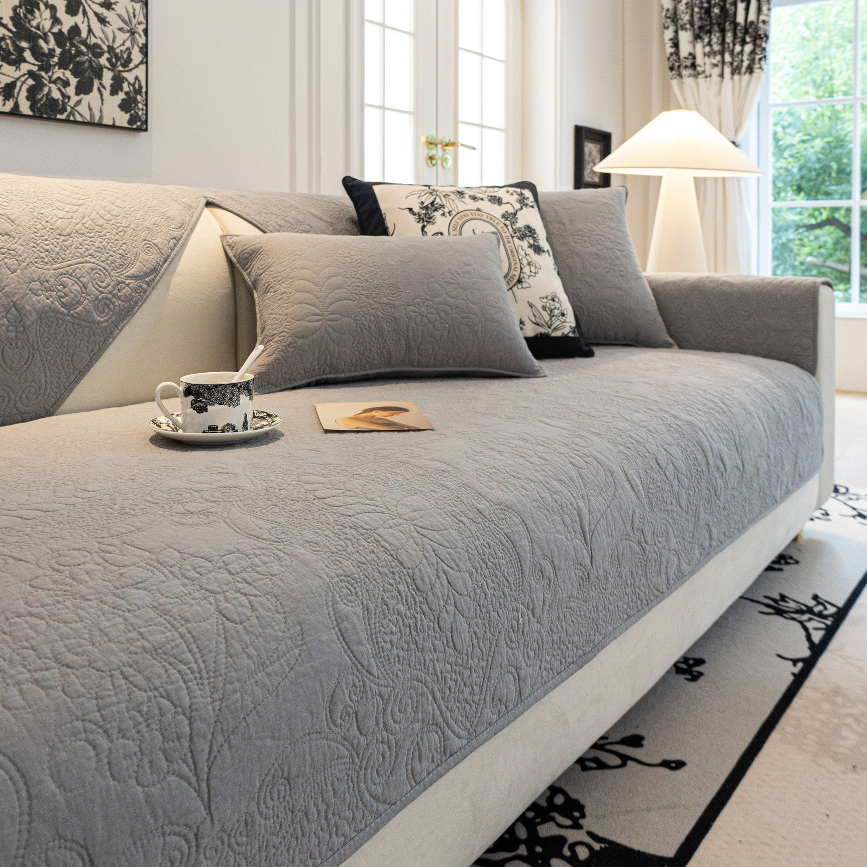 Baroque Floral Quilted Cotton Sofa Cover, Non-Slip Washable Couch Protector - Ornate Home