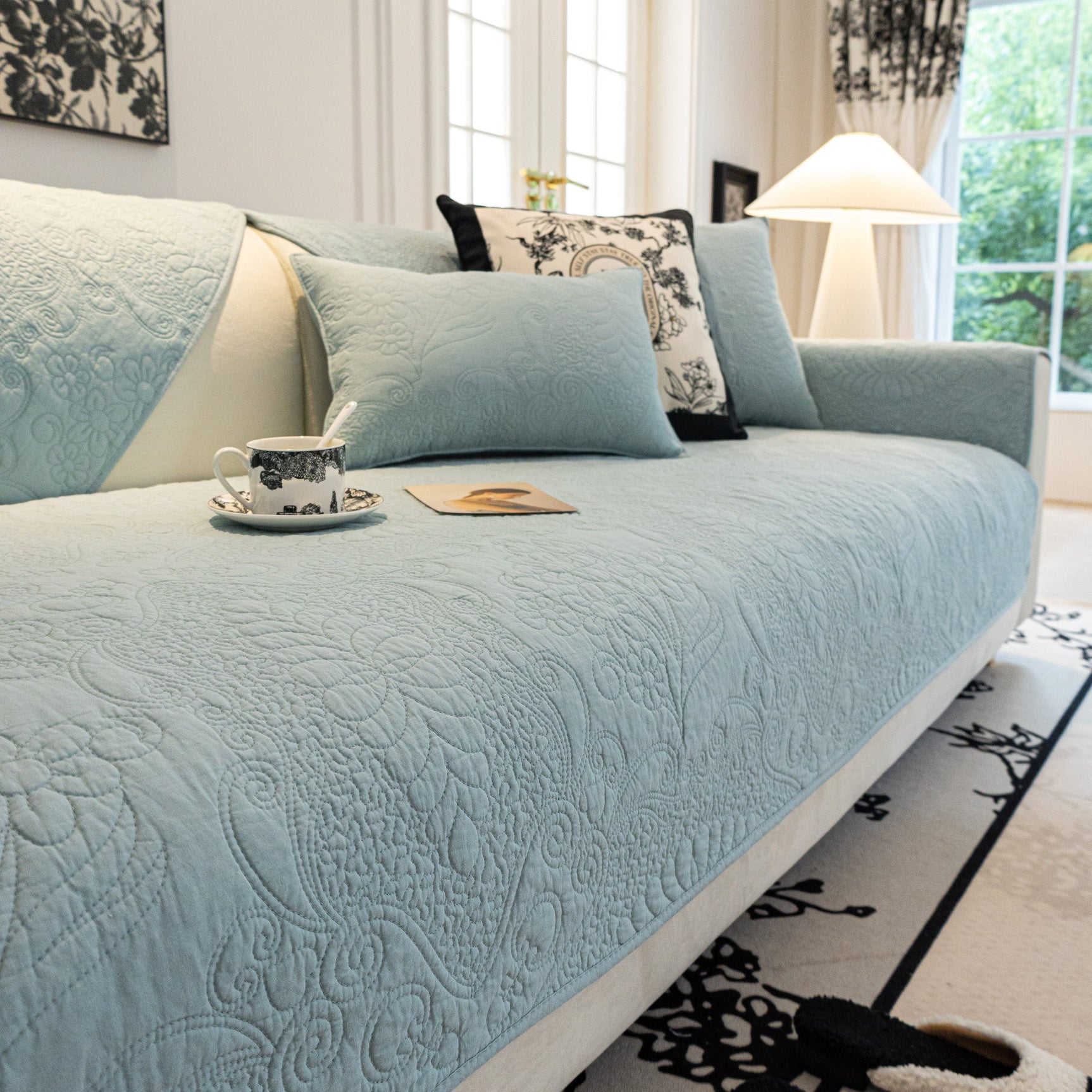 Baroque Floral Quilted Cotton Sofa Cover, Non-Slip Washable Couch Protector - Ornate Home