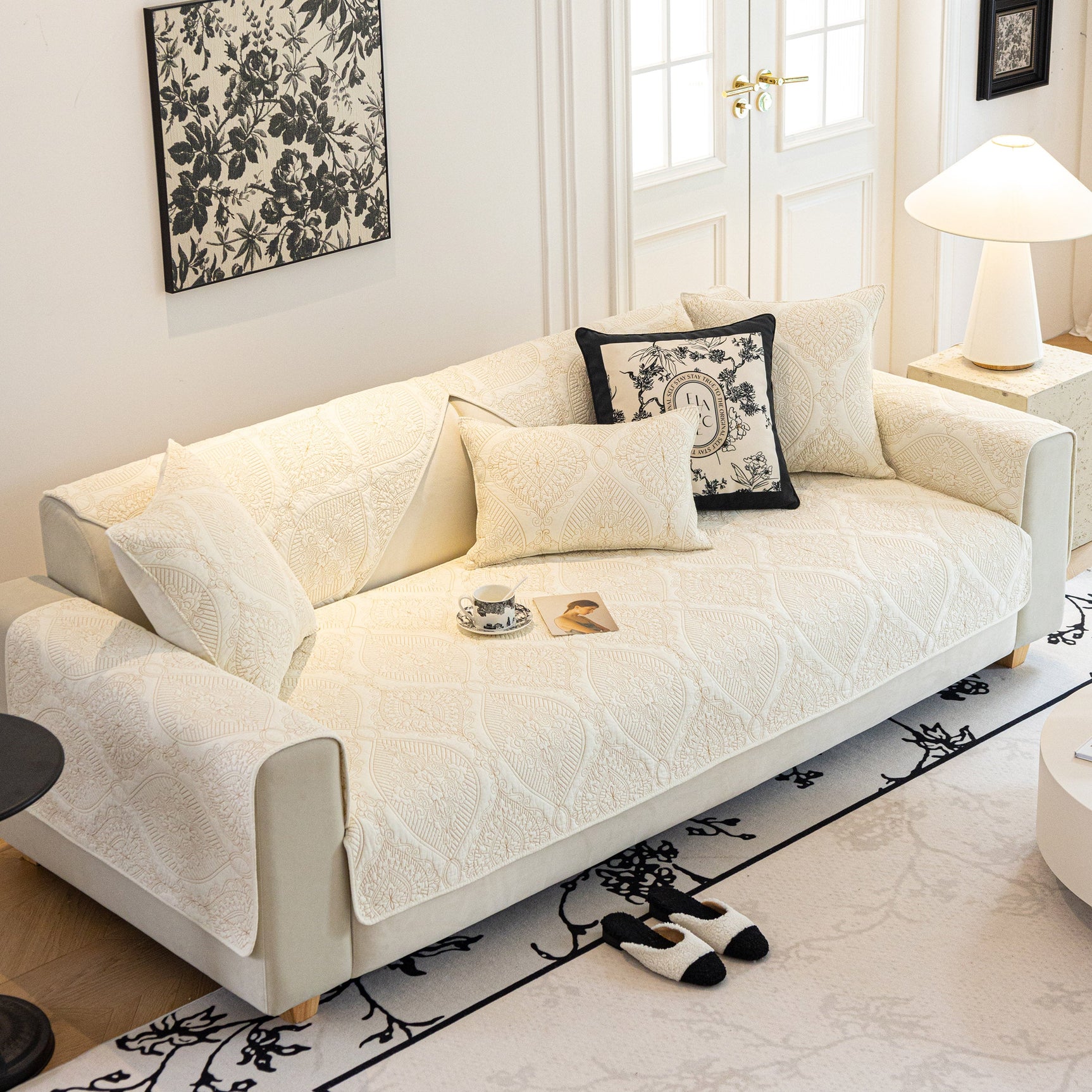 Baroque Sofa Cover – Quilted Cotton, Non-Slip, Washable with Ornate Embroidery - Ornate Home
