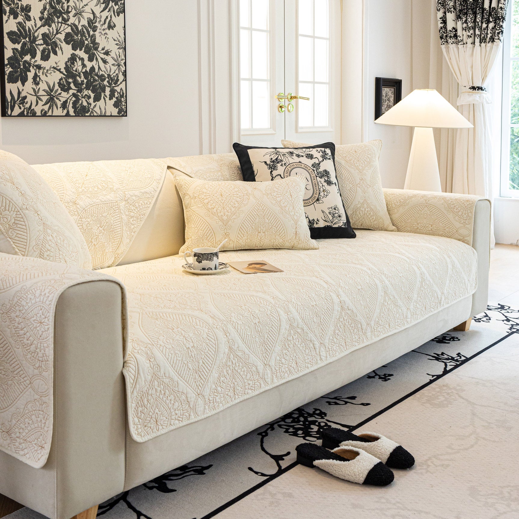 Baroque Sofa Cover – Quilted Cotton, Non-Slip, Washable with Ornate Embroidery - Ornate Home