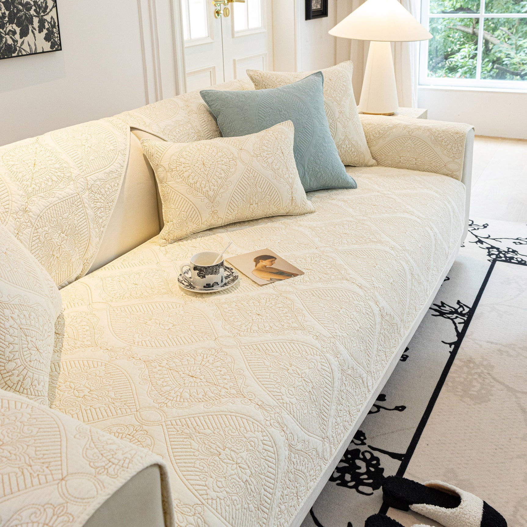Baroque Sofa Cover – Quilted Cotton, Non-Slip, Washable with Ornate Embroidery - Ornate Home
