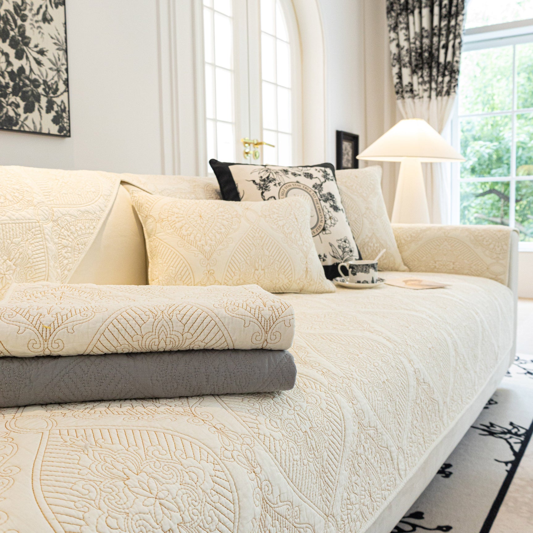 Baroque Sofa Cover – Quilted Cotton, Non-Slip, Washable with Ornate Embroidery - Ornate Home