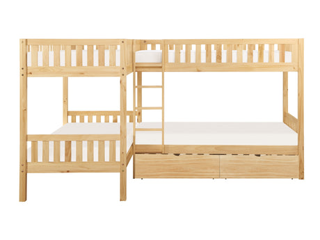 Bartly Natural Pine Corner Bunk Bed (two caster-supported toyboxes) - Ornate Home