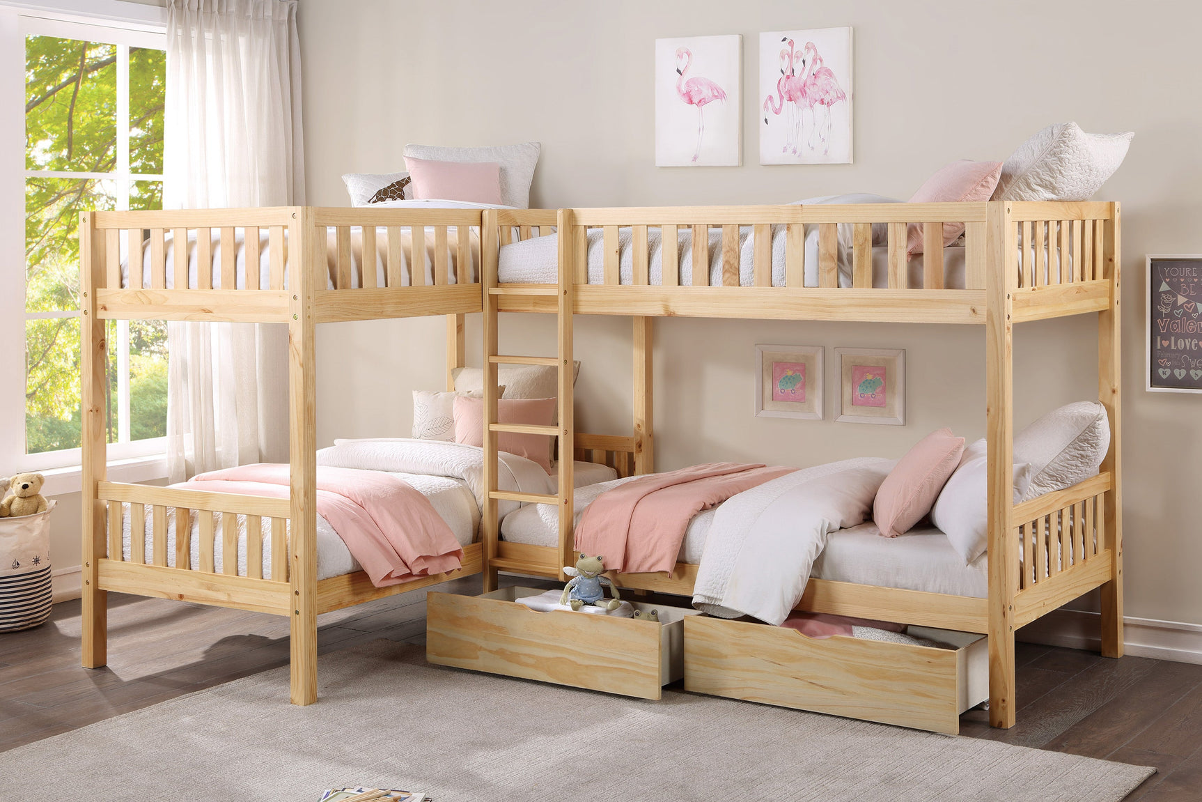Bartly Natural Pine Corner Bunk Bed (two caster-supported toyboxes) - Ornate Home
