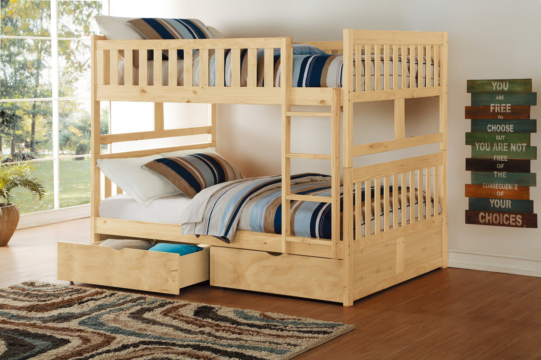 Bartly Natural Pine Full/Full Bunk Bed (With Storage Boxes) - Ornate Home