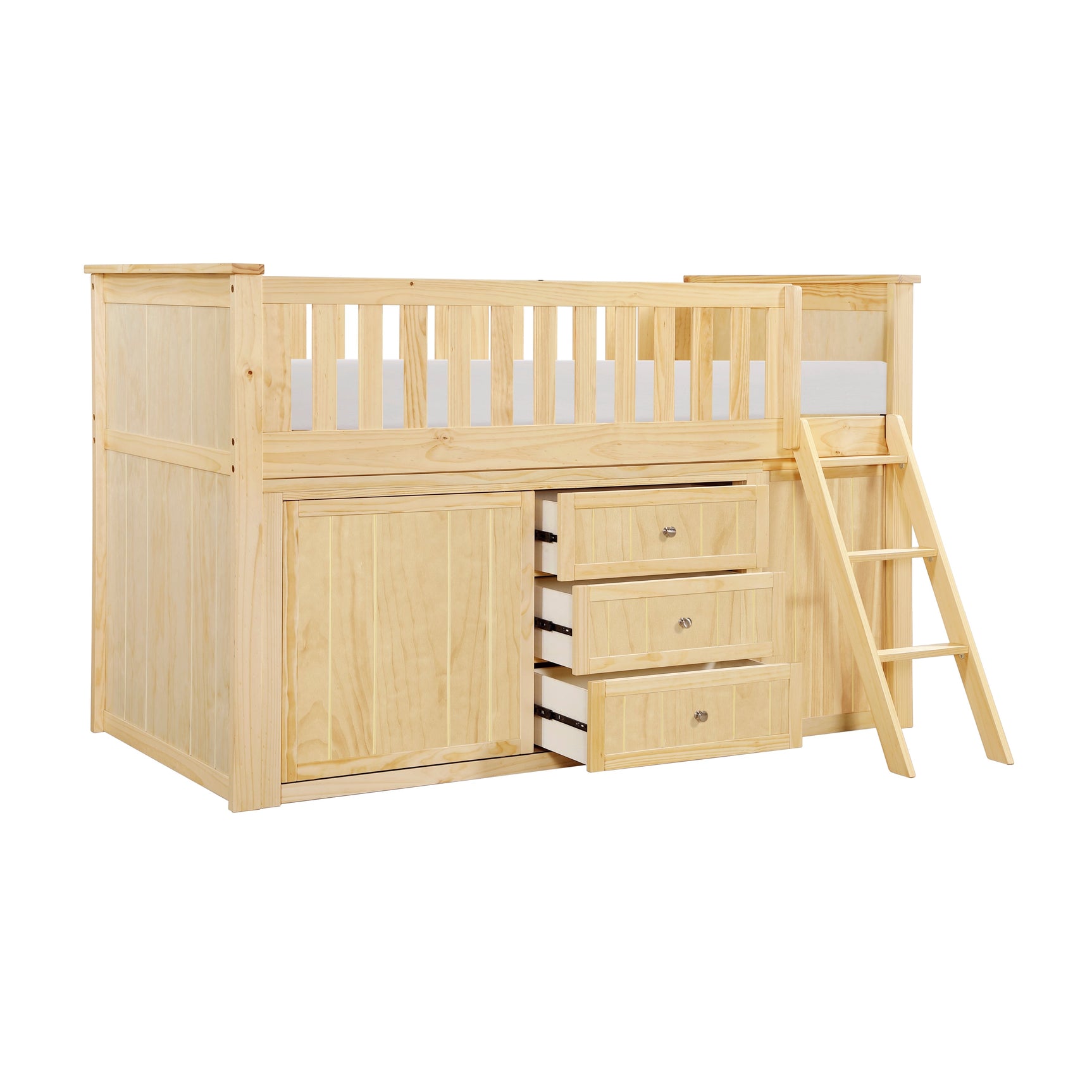 Bartly Natural Pine Low Loft Bunk with Bookcase & 2 Dressers - Ornate Home