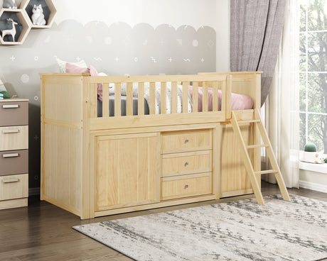 Bartly Natural Pine Low Loft Bunk with Bookcase & 2 Dressers - Ornate Home