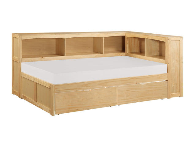 Bartly Natural Pine Twin Bookcase Corner Bed With Storage Boxes - Ornate Home
