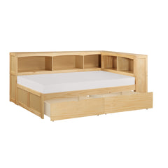 Bartly Natural Pine Twin Bookcase Corner Bed With Storage Boxes - Ornate Home