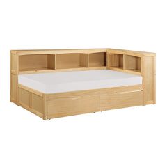 Bartly Natural Pine Twin Bookcase Corner Bed With Storage Boxes - Ornate Home