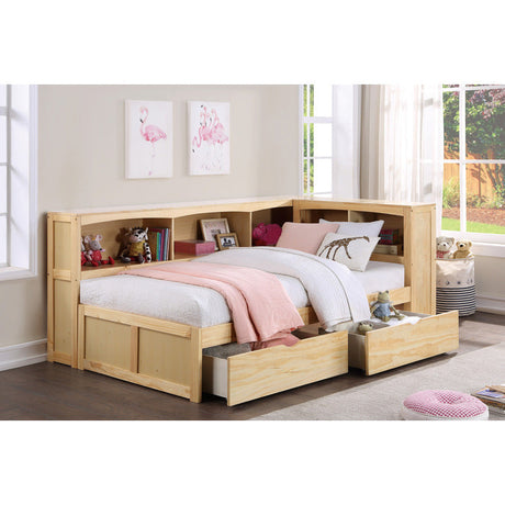 Bartly Natural Pine Twin Bookcase Corner Bed With Storage Boxes - Ornate Home