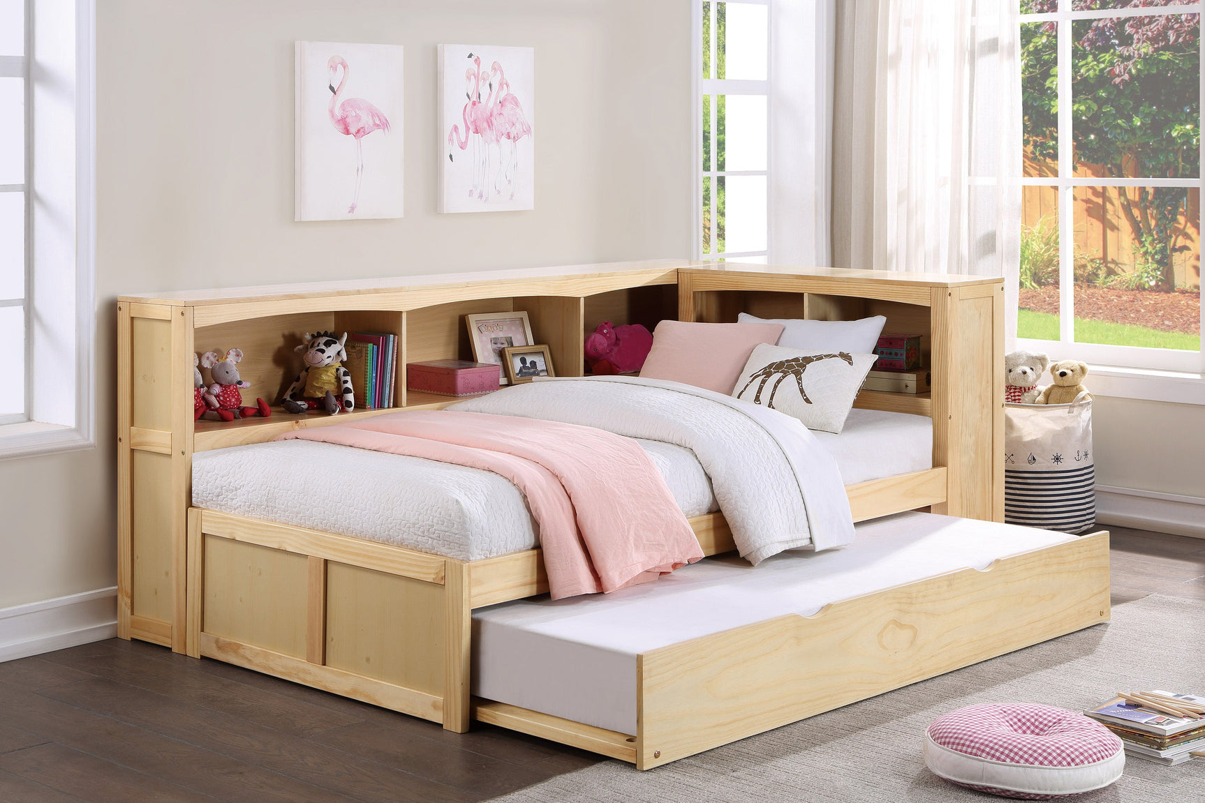 Bartly Natural Pine Twin Bookcase Corner Bed with Trundle - Ornate Home