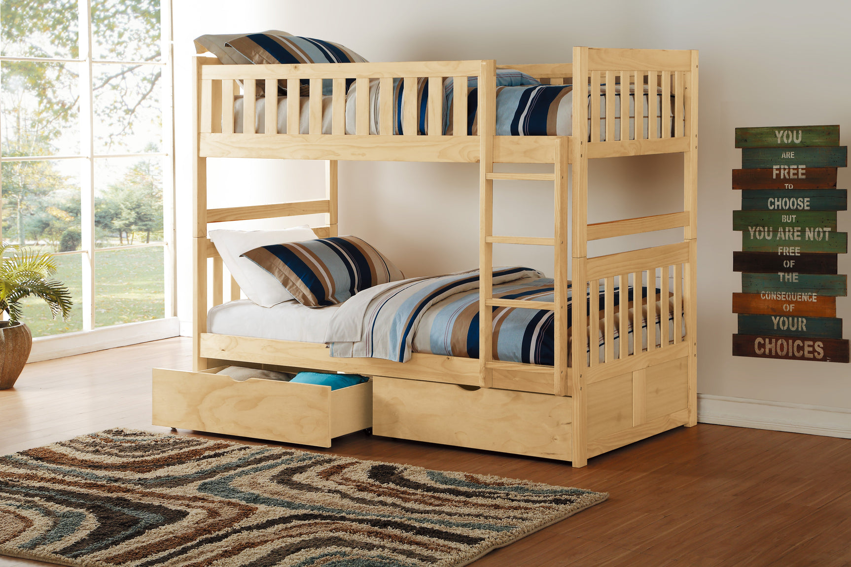 Bartly Natural Pine Twin/Twin Bunk Bed With Storage Boxes - Ornate Home