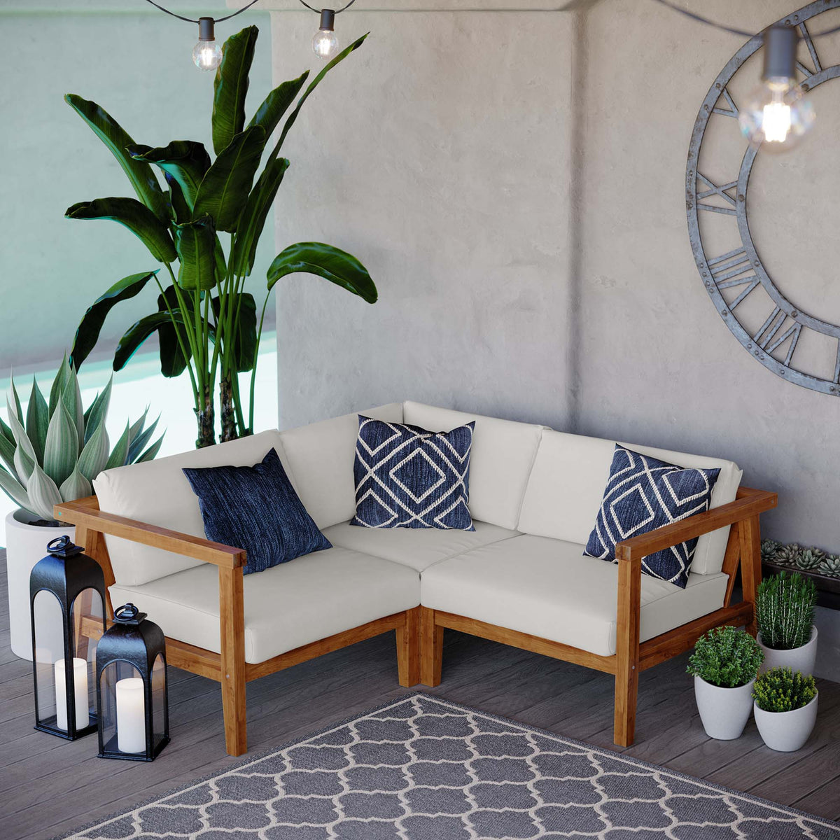 Bayport Natural/White 3-Piece Outdoor Patio Teak Wood Sectional Sofa Set - Ornate Home