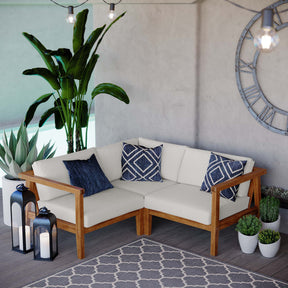 Bayport Natural/White 3-Piece Outdoor Patio Teak Wood Sectional Sofa Set - Ornate Home