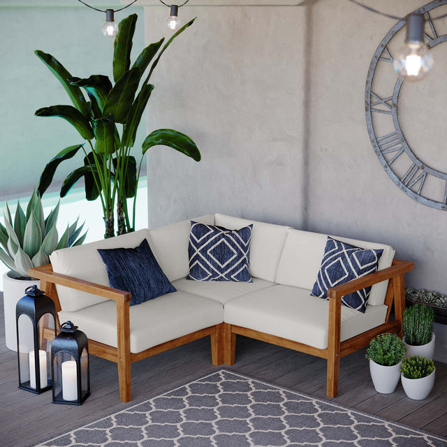 Bayport Natural/White 3-Piece Outdoor Patio Teak Wood Sectional Sofa Set - Ornate Home