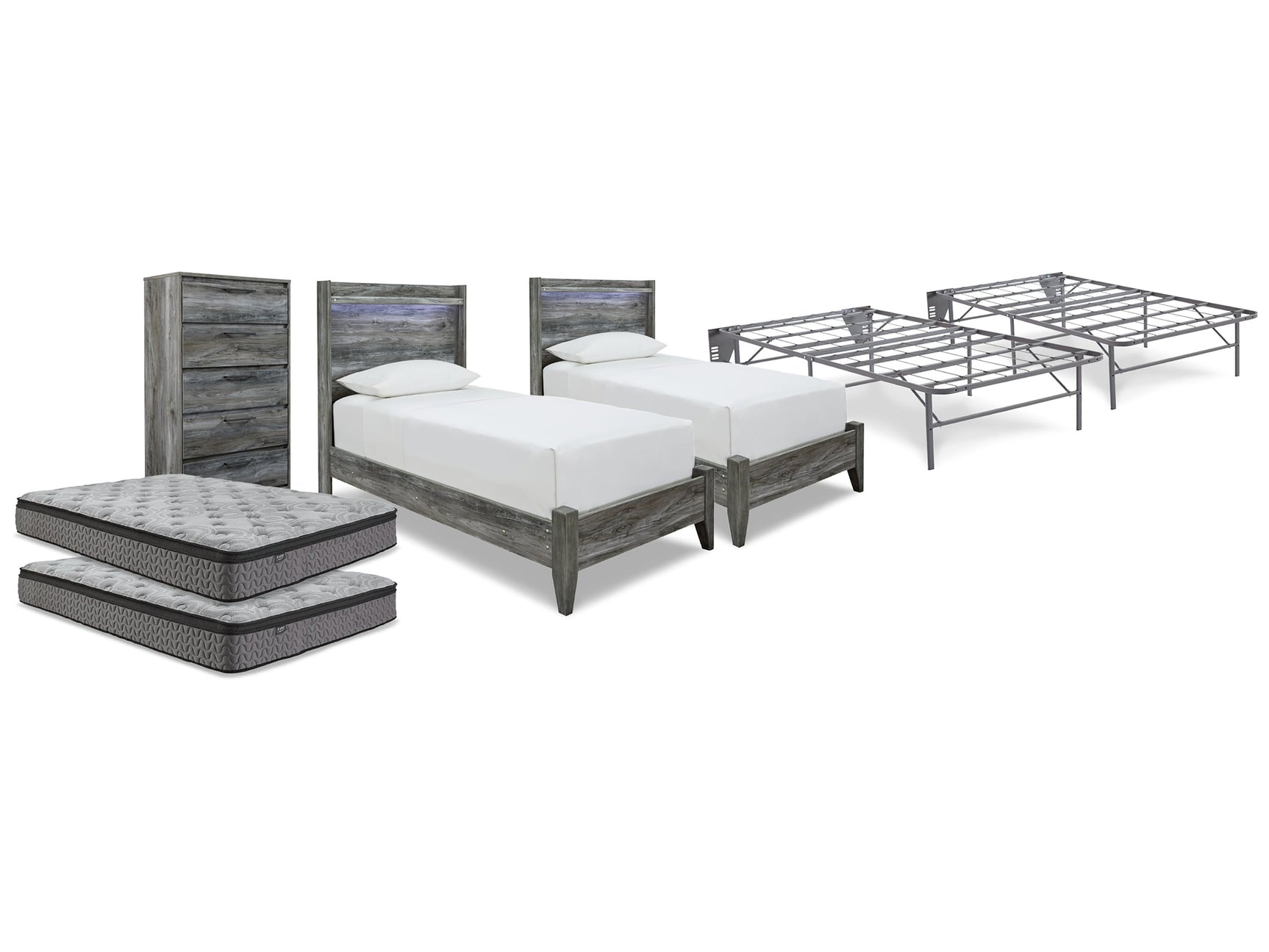 Baystorm Gray 2 Twin Panel Beds, 2 Mattresses, 2 Foundations, and Chest - Ornate Home
