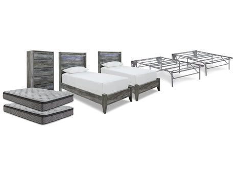 Baystorm Gray 2 Twin Panel Beds, 2 Mattresses, 2 Foundations, and Chest - Ornate Home