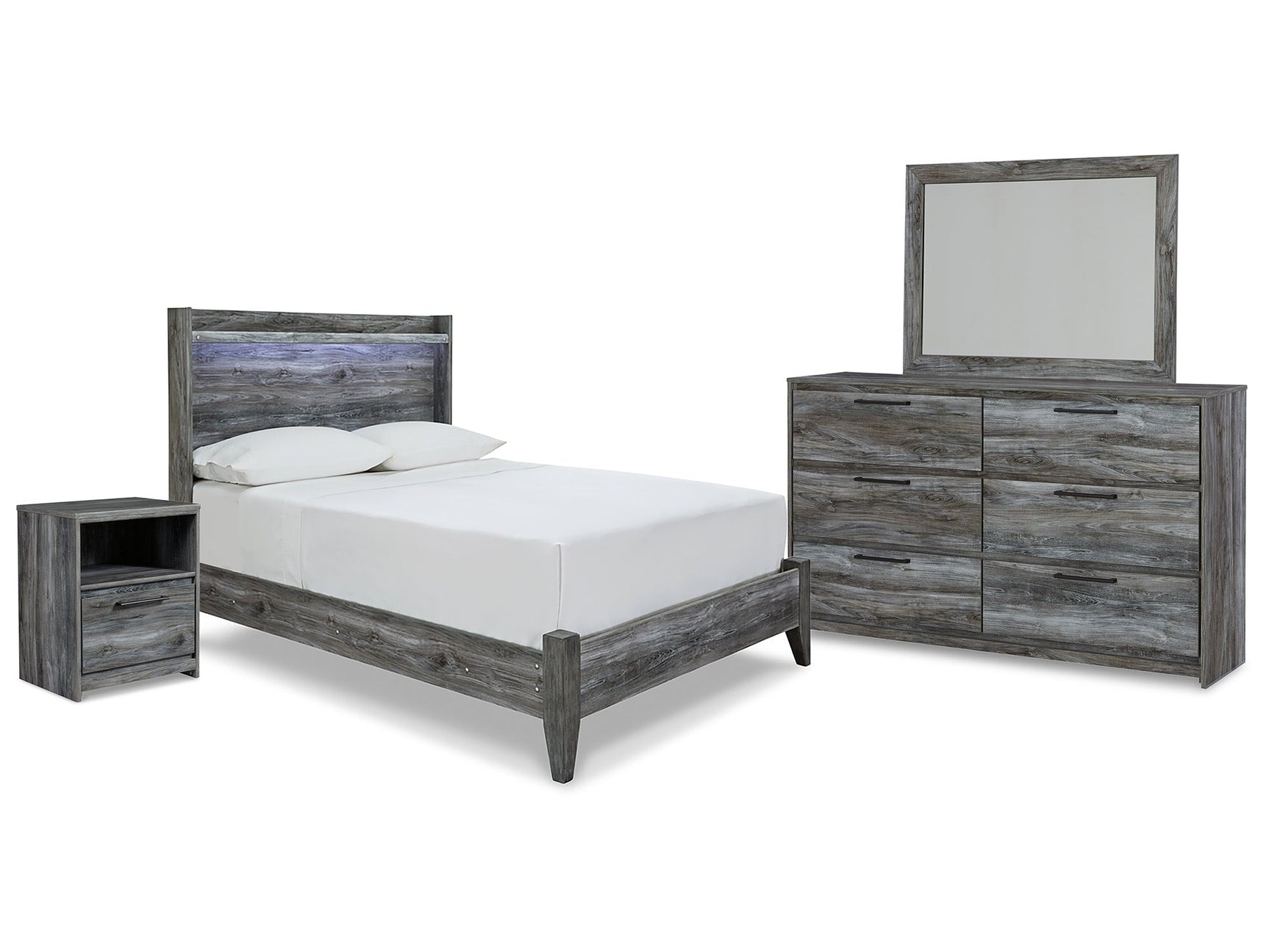 Baystorm Gray Full Panel Bedroom Set with Dresser, Mirror and Nightstand - Ornate Home