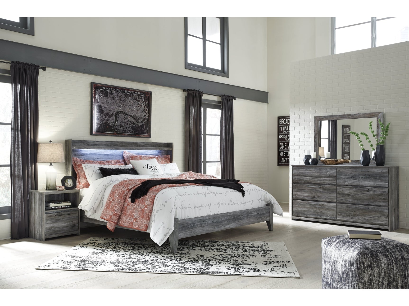 Baystorm Gray King Panel Bedroom Set with Dresser, Mirror, and Nightstand (Online Special Price) - Ornate Home